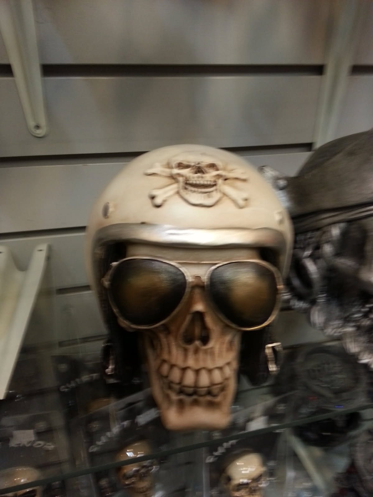 Novelty biker skull wearing a white half helmet with a skull and crossbones and aviator goggles
