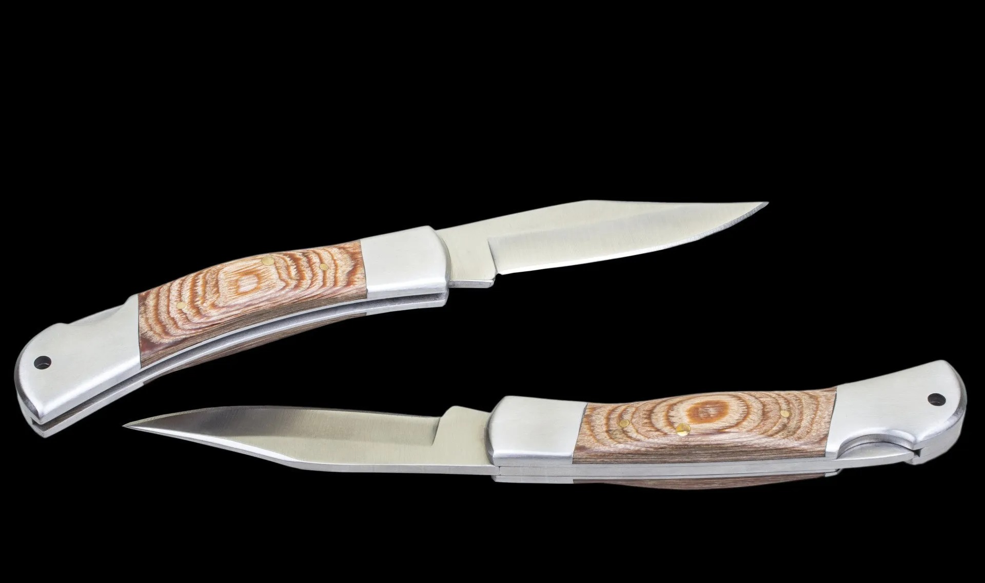 Two folding pocket knives with wood-grain handles